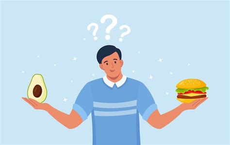 Premium Vector Man Choosing Between Healthy And Unhealthy Food Fast Food And Balanced Menu