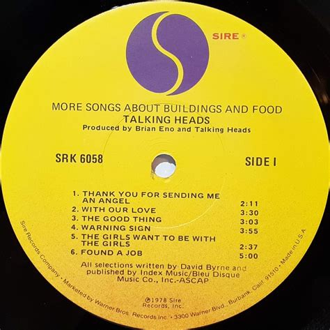 Talking Heads More Songs About Buildings And Food First Year Pressing 1978 Us Sire Srk 6058