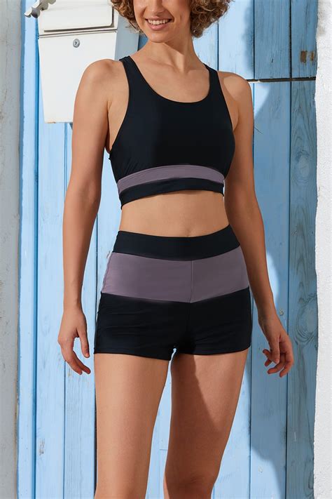 Haut De Bikini Noir Larges Bretelles Encolure D Gag E Avec Ensembles De Shorts Pour Gar On