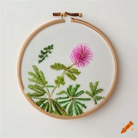 Mimosa Pudica And Its Leaves Embroidery Circle Frame