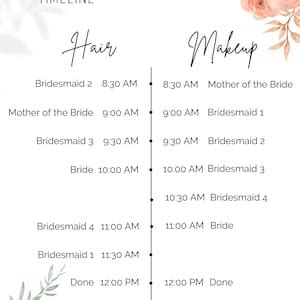 Romantic Wedding Hair Makeup Timeline Template Etsy