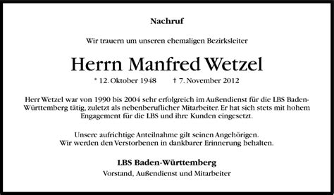 Traueranzeigen Von Manfred Wetzel Stuttgart Gedenkt De