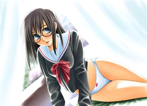 Safebooru 1girl Black Hair Blue Eyes Bow Bow Panties Dutch Angle Glasses Kurihara Touko No