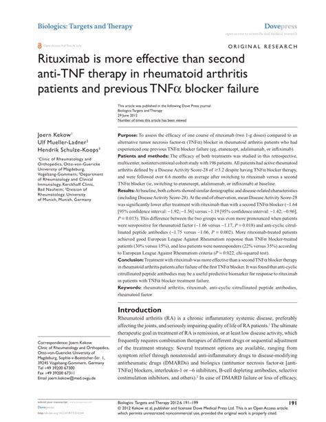 Pdf Rituximab Is More Effective Than Second Anti Tnf Therapy In Rheumatoid Arthritis Patients