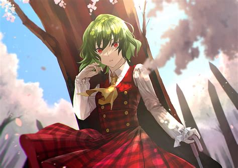 Kazami Yuuka Touhou Green Hair Red Eyes Sakura Tree Dress Anime