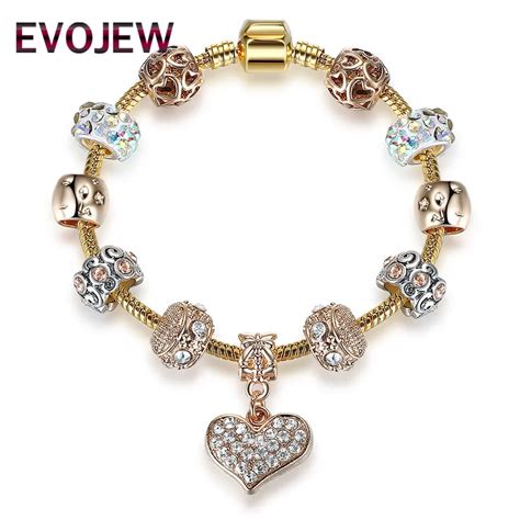 Luxury Crystal Ball Beads Bracelet Gold Color Heart Pendant Charm ...