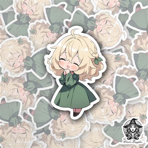 Cheerful Chibi Blonde Girl Sticker Cute Kawaii Anime Art Green Dress Happy Expression Water
