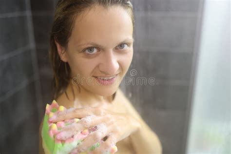 Naked Woman In Shower Stall Wash Body With Sponge With Foam Stock Image Image Of Soft Soap