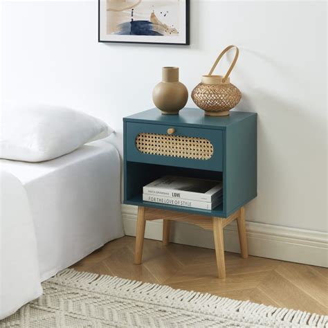 Table De Chevet Bleu Canard Et Cannage Rotin Sixtine Maisons Du Monde