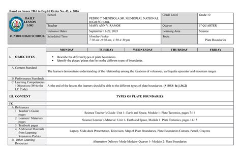 1st Dll Plate Boundaries Week 4 Based On Annex 2b To Deped Order No 42 S 2016 Daily Lesson