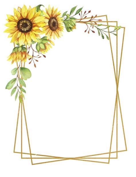 Golden Frame With Sunflower Flowers Watercolor Illustration Vector