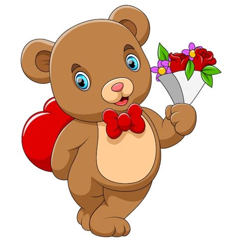 Un Lindo Oso Con Un Corazón Rojo Y Una Flor En La Mano Vector Premium