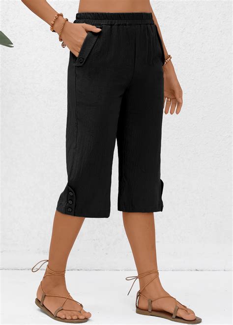 Pocket Elastic Waist Black High Waisted Pants | Rosewe.com - USD $28.98