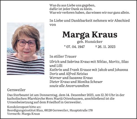 Traueranzeigen Von Marga Kraus Saarbruecker Zeitung Trauer De