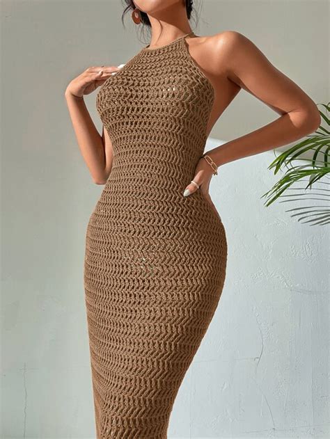 Shein Vcay Crochet Backless Halter Neck Bodycon Dress Shein