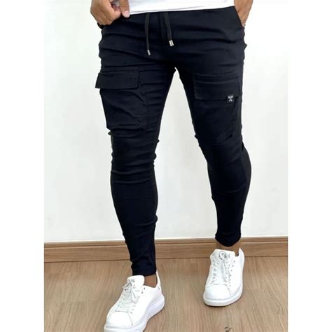 Calça Skinny Jogger Cargo Colada Na Perna Masculina Zíper Na Canela Com