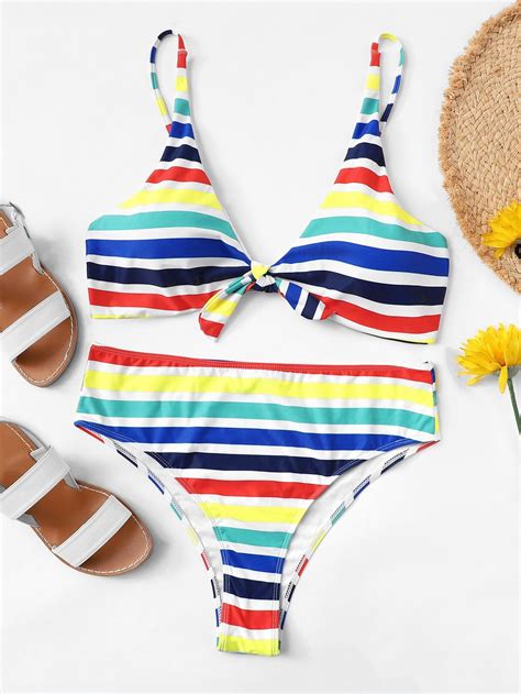 Plus Knot Top With Colorful Stripe Bikini Set Bikinis Striped Bikini