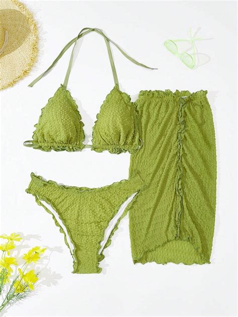 SHEIN Swim Curve Große Größen Sommerurlaub Strand einfacher Farbe texturierten Badeanzug Bikini