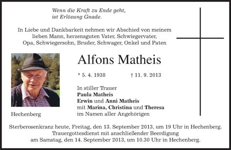 Traueranzeigen Von Alfons Matheis Trauer Merkur De