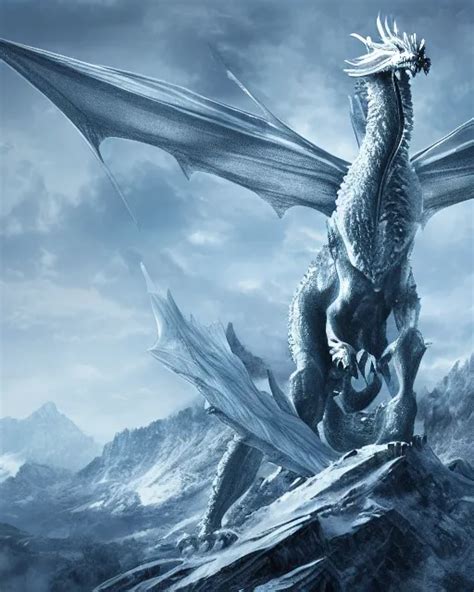 Giant Ice Dragon Standing On A Mountain Highly Stable Diffusion