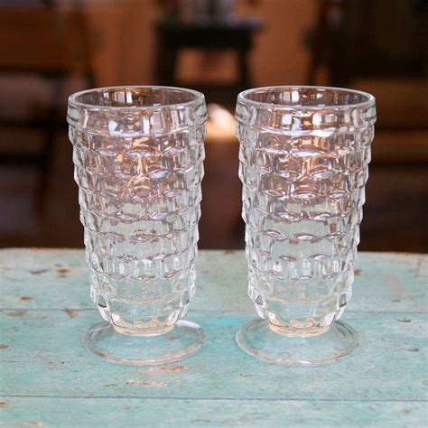 Vintage Indiana Whitehall Cubist Clear Glass Footed Tumblers Mcm Style