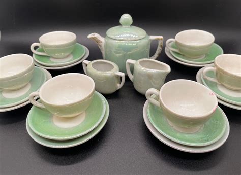 Vintage Porcelain Childs Tea Set Serves Six, Light Green Luster Finish ...