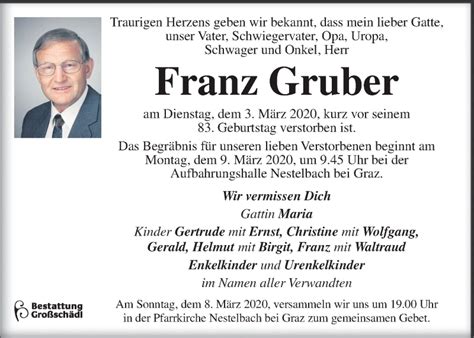 Traueranzeigen Von Franz Gruber Trauer Kleinezeitung At