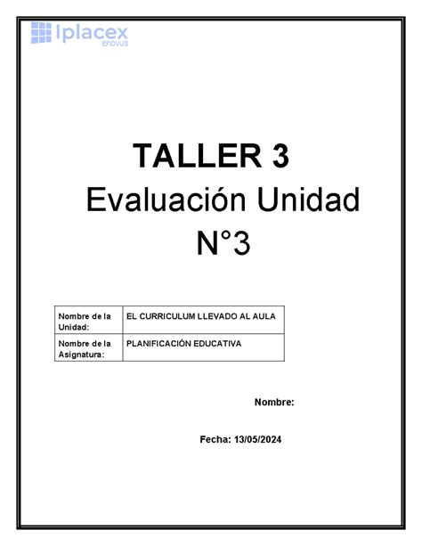 Taller Evaluacion Iplacex Taller Evaluaci N Unidad N Nombre