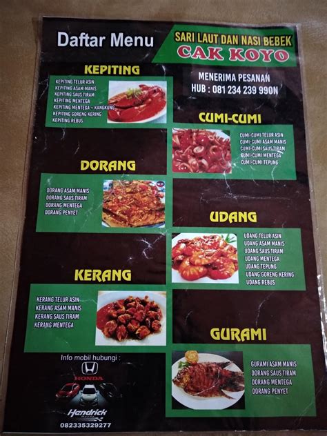 Menu At Sari Laut Dan Nasi Bebek Cak Koyo Restaurant Madiun