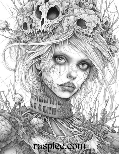 60 Halloween Zombie Fairy Grayscale Coloring Pages Printable For Adult