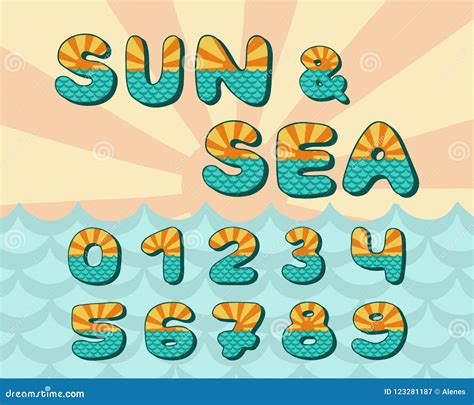 Alphabet Sea Horizon Vintage Design Sun Rays And Sea Waves