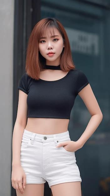 Premium AI Image | Asian woman wearing black crop top and white jeans