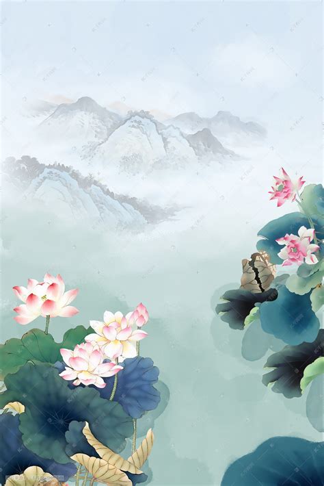 中国风水墨古风工笔荷花夏天池塘风景背景插画图片 千库网