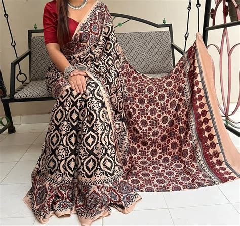 Beautiful Ajrakh Dye Natural Handblock Print Silk Saree With Blouse