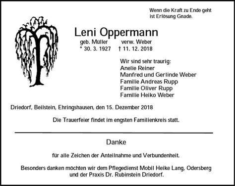 Traueranzeigen Von Leni Oppermann Vrm Trauer De