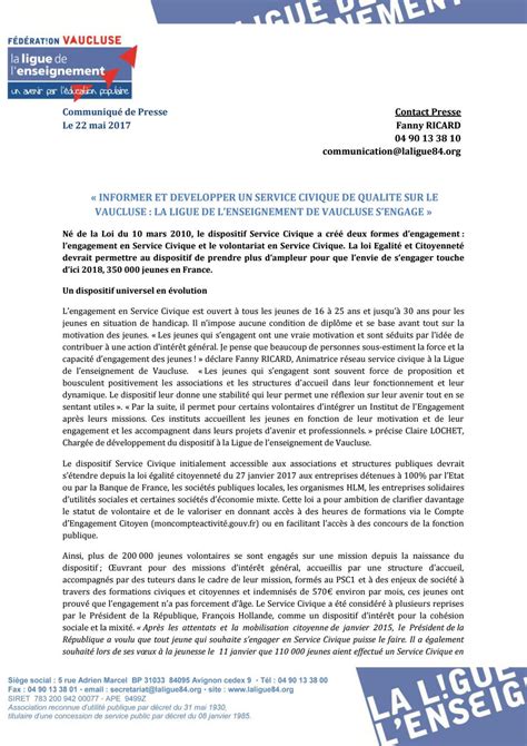 Communiqu De Presse Ligue De L Enseignement De Vaucluse Informer