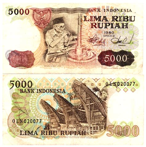 Uang kertas Indonesia pecahan 5000 Rupiah tahun emisi 1980 dengan ...