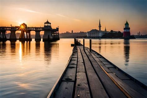 Premium AI Image | a bridge over the river at sunset