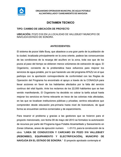 Dictamen Tecnico Cambio De Pozo Alcantarillado Y Saneamiento De