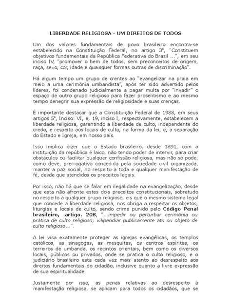 Liberdade Religiosa Um Direito De Todos Pdf Liberdade De Religião