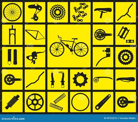 Sistema De Iconos Negros De La Silueta De Los Recambios De La Bicicleta