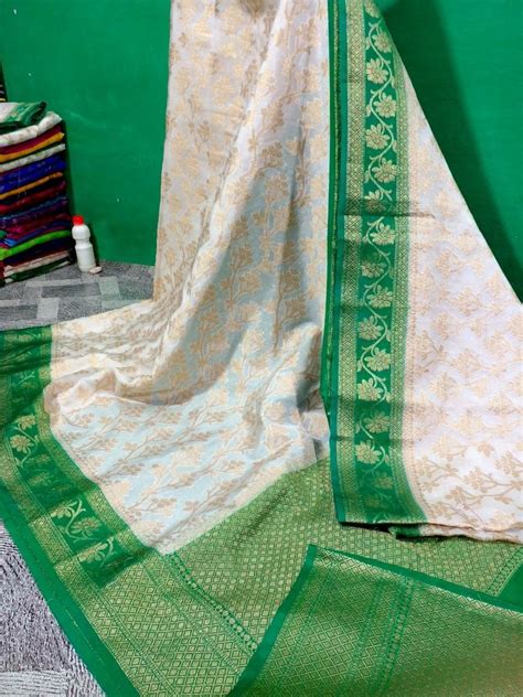 Party Wear Printed Off White Silk Saree With Green Border M With