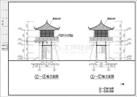 某两层山门建施平面cad套图仿古建筑土木在线