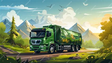 Premium AI Image | Green eco garbage truck on the road in the mountains ...