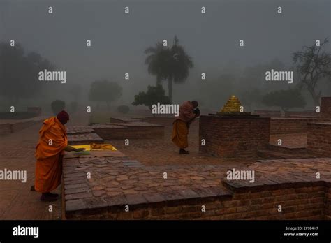 India, Shravasti, Jetavana Monastery, rainy season, monks, prayer Stock ...