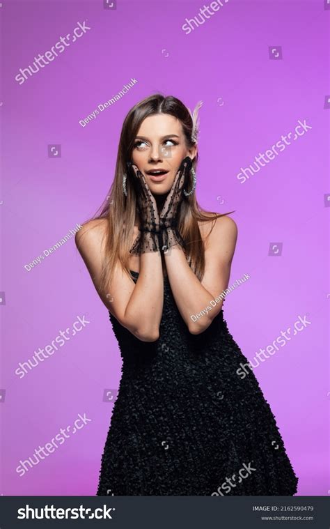 Stunning Brunette Black Dress Poses Vivid Stock Photo 2162590479 Shutterstock