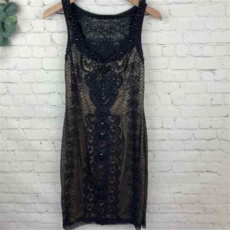 SUE WONG Black Lace Beaded Pattern Sleeveless Dress S Gem