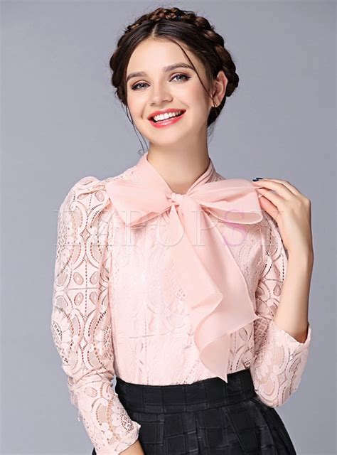 Tops Blouses Three Quarter Sleeve Bowknot Hollow Blouse