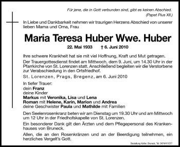 Traueranzeigen Von Maria Teresa Huber Trauer Bz