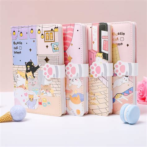 Stationery Supplies Kawaii Cute Note Book Cat Magnetic Leather Hardcover Notepad - Stationery ...